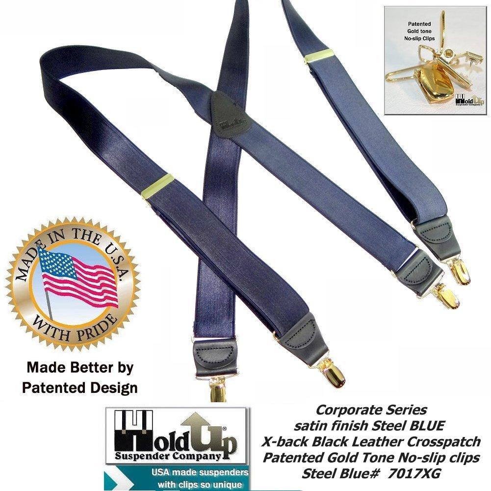 Holdup Brand Deep Steel Blue Satin Finish Suspenders In X-back style With Patented Gold Tone No-slip Clips