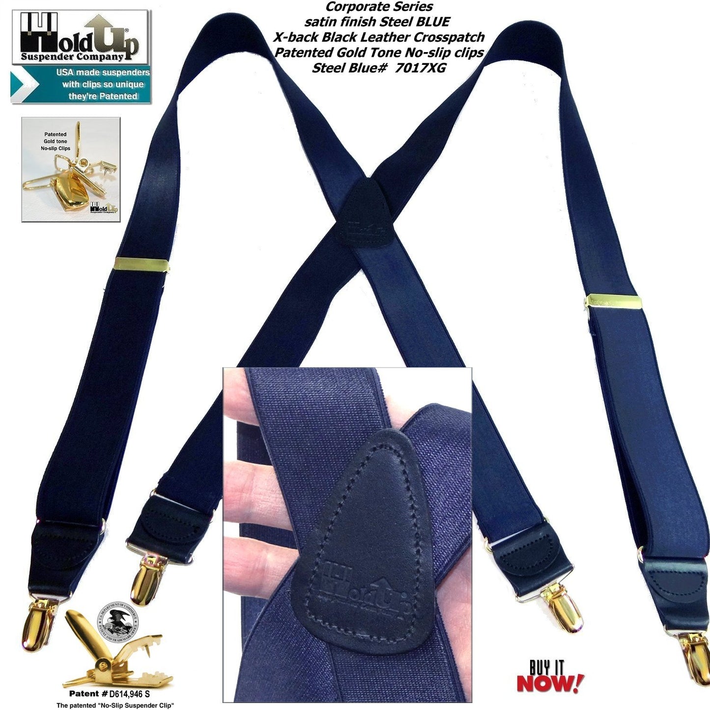 Holdup Brand Deep Steel Blue Satin Finish Suspenders In X-back style With Patented Gold Tone No-slip Clips