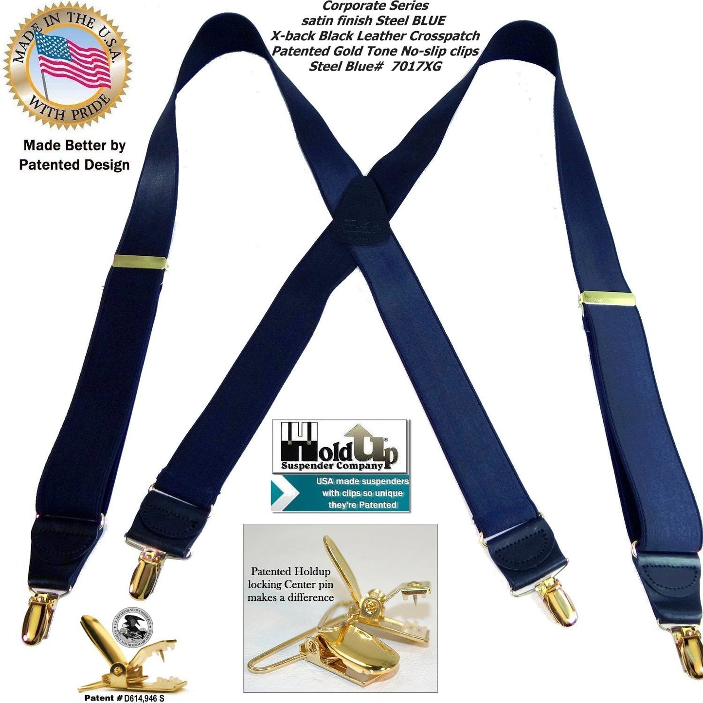 Holdup Brand Deep Steel Blue Satin Finish Suspenders In X-back style With Patented Gold Tone No-slip Clips