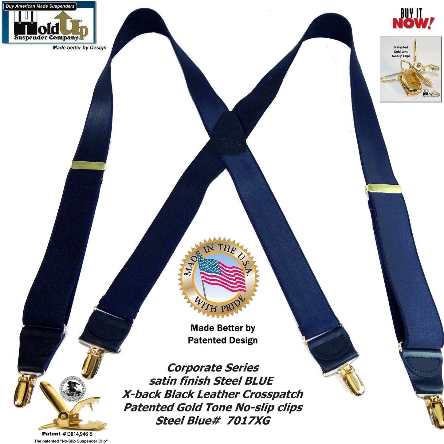 Holdup Brand Deep Steel Blue Satin Finish Suspenders In X-back style With Patented Gold Tone No-slip Clips