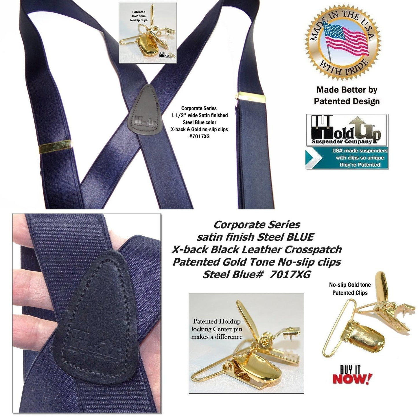 Holdup Brand Deep Steel Blue Satin Finish Suspenders In X-back style With Patented Gold Tone No-slip Clips