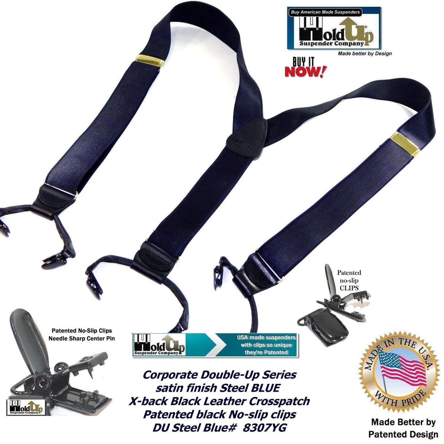 HoldUp Brand Dark Steel Blue Satin Finished Corporate Series Y-back Suspenders in Dual clip Double-Up style