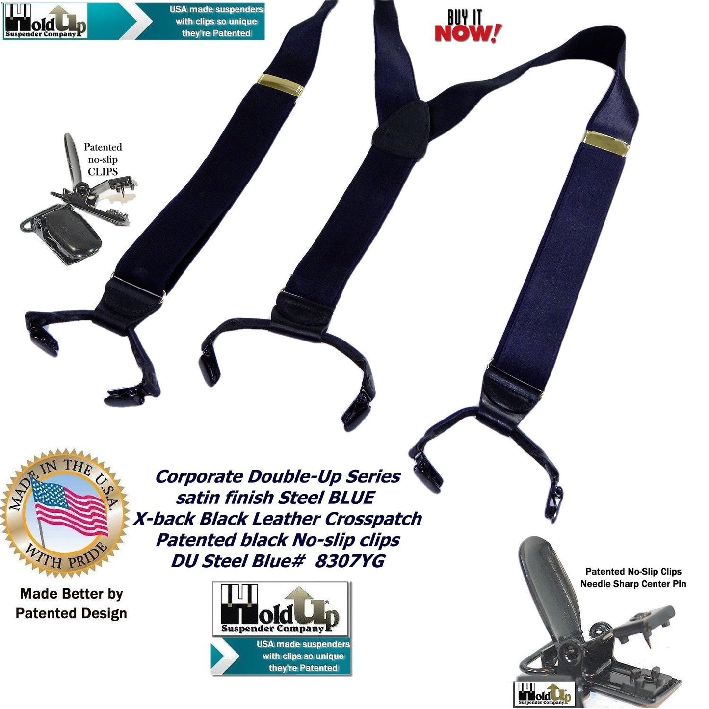 HoldUp Brand Dark Steel Blue Satin Finished Corporate Series Y-back Suspenders in Dual clip Double-Up style