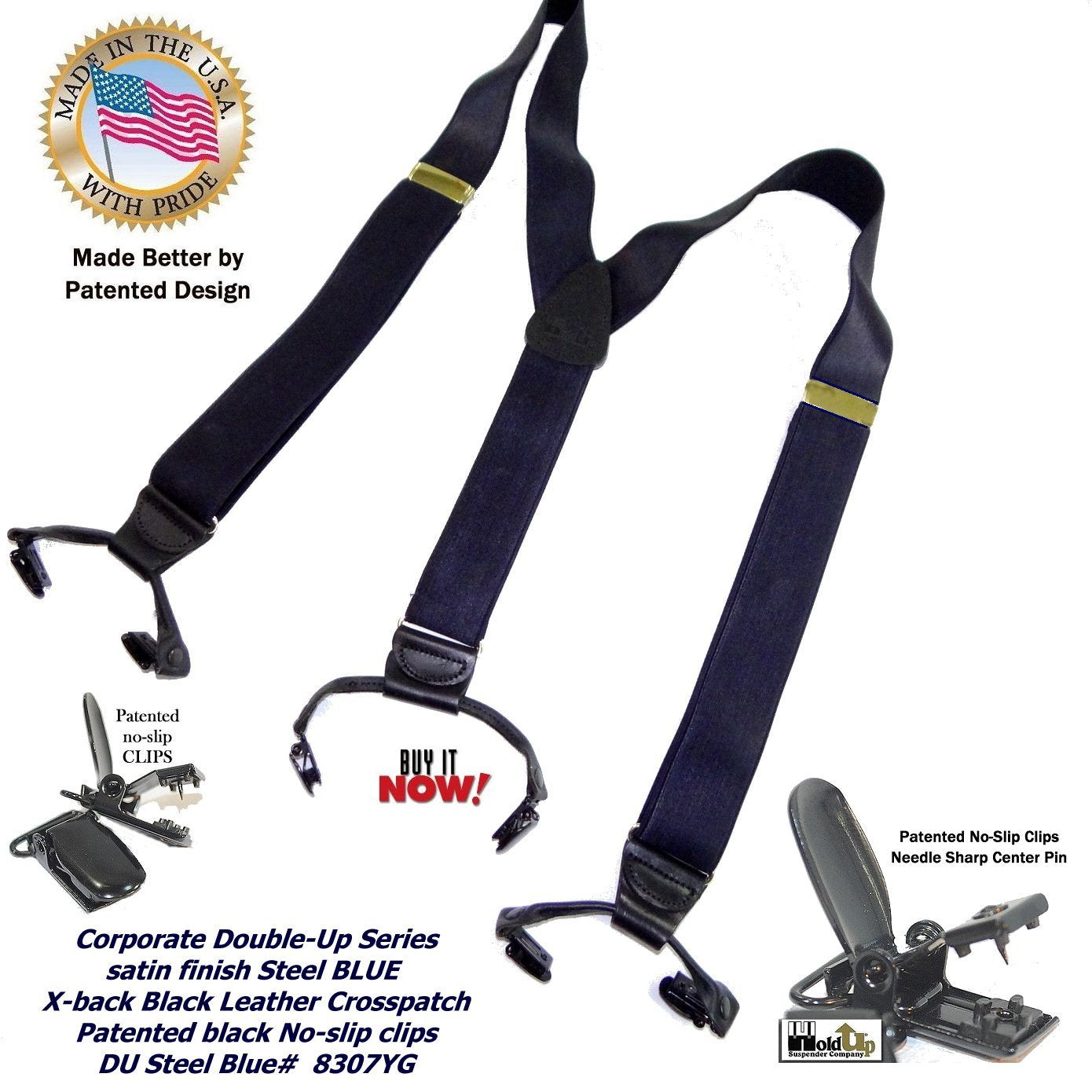 HoldUp Brand Dark Steel Blue Satin Finished Corporate Series Y-back Suspenders in Dual clip Double-Up style