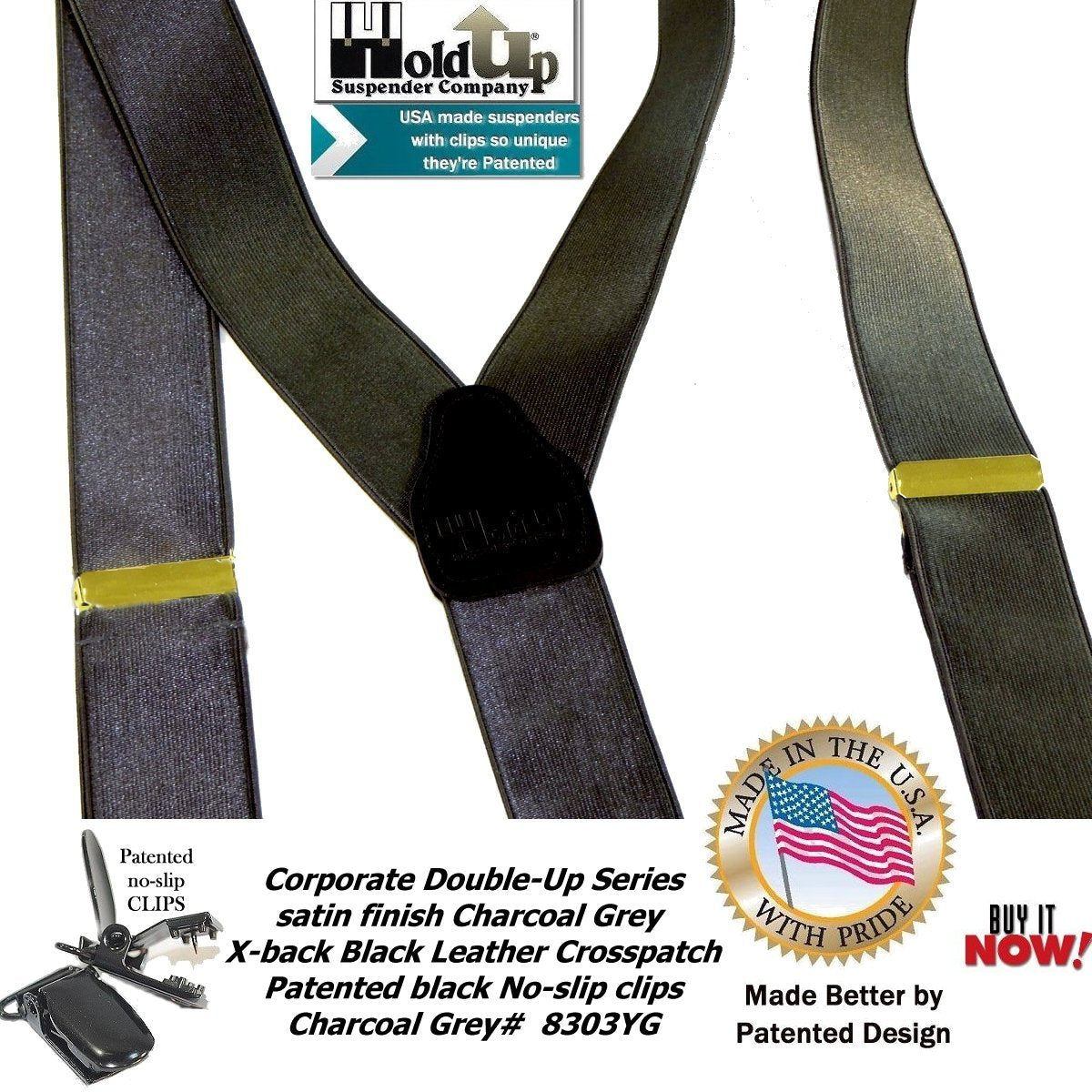 HoldUp Suspender Company Corporate Series Double-ups in Satin Finish Charcoal Gray color with black No-slip Clips