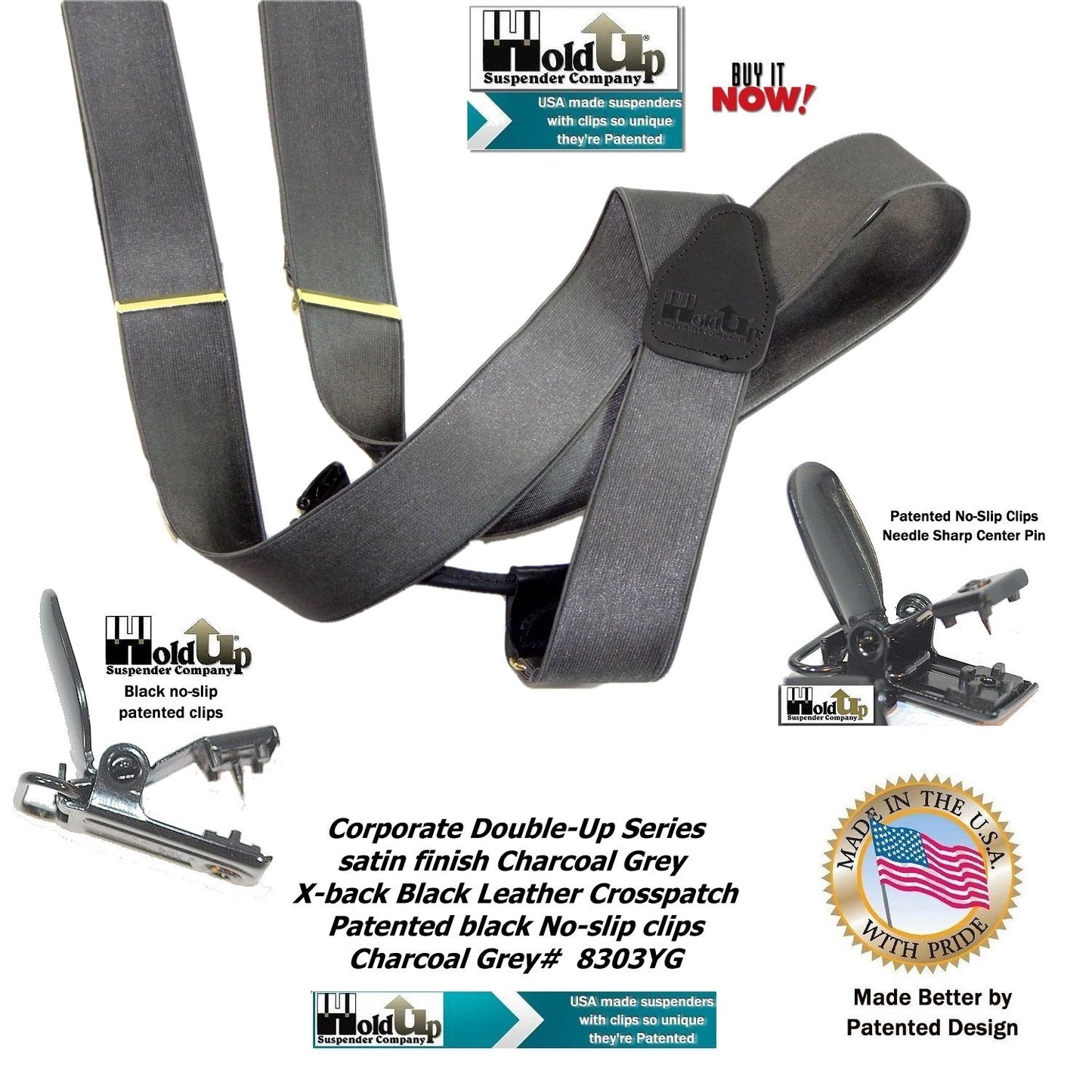 HoldUp Suspender Company Corporate Series Double-ups in Satin Finish Charcoal Gray color with black No-slip Clips