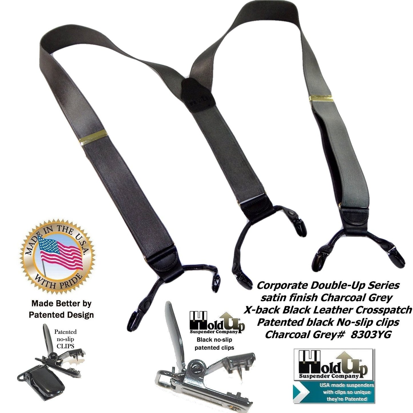 HoldUp Suspender Company Corporate Series Double-ups in Satin Finish Charcoal Gray color with black No-slip Clips