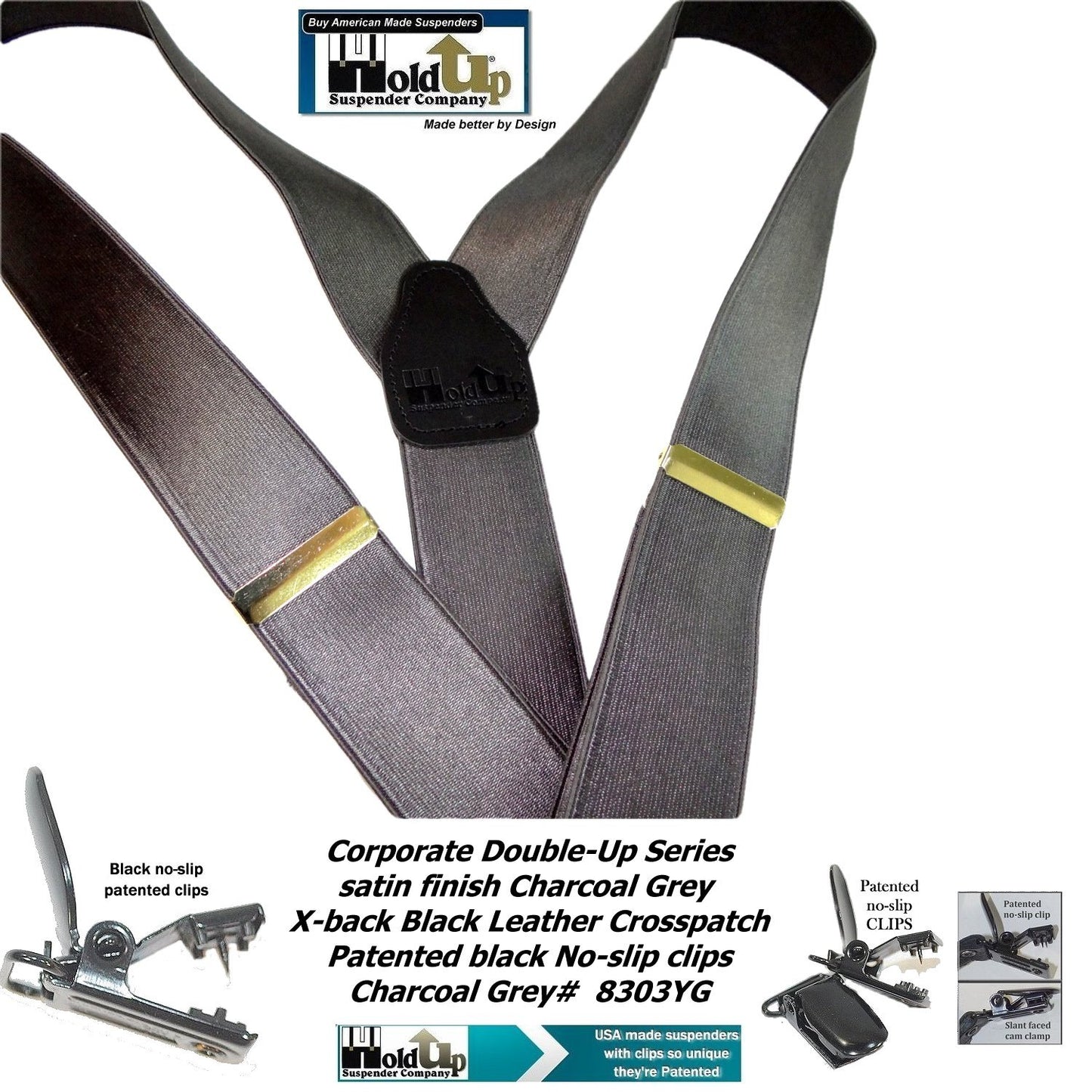 HoldUp Suspender Company Corporate Series Double-ups in Satin Finish Charcoal Gray color with black No-slip Clips