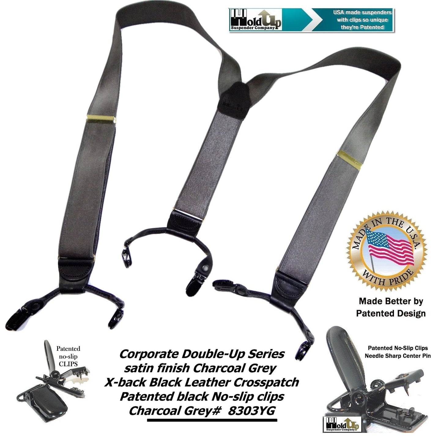 HoldUp Suspender Company Corporate Series Double-ups in Satin Finish Charcoal Gray color with black No-slip Clips