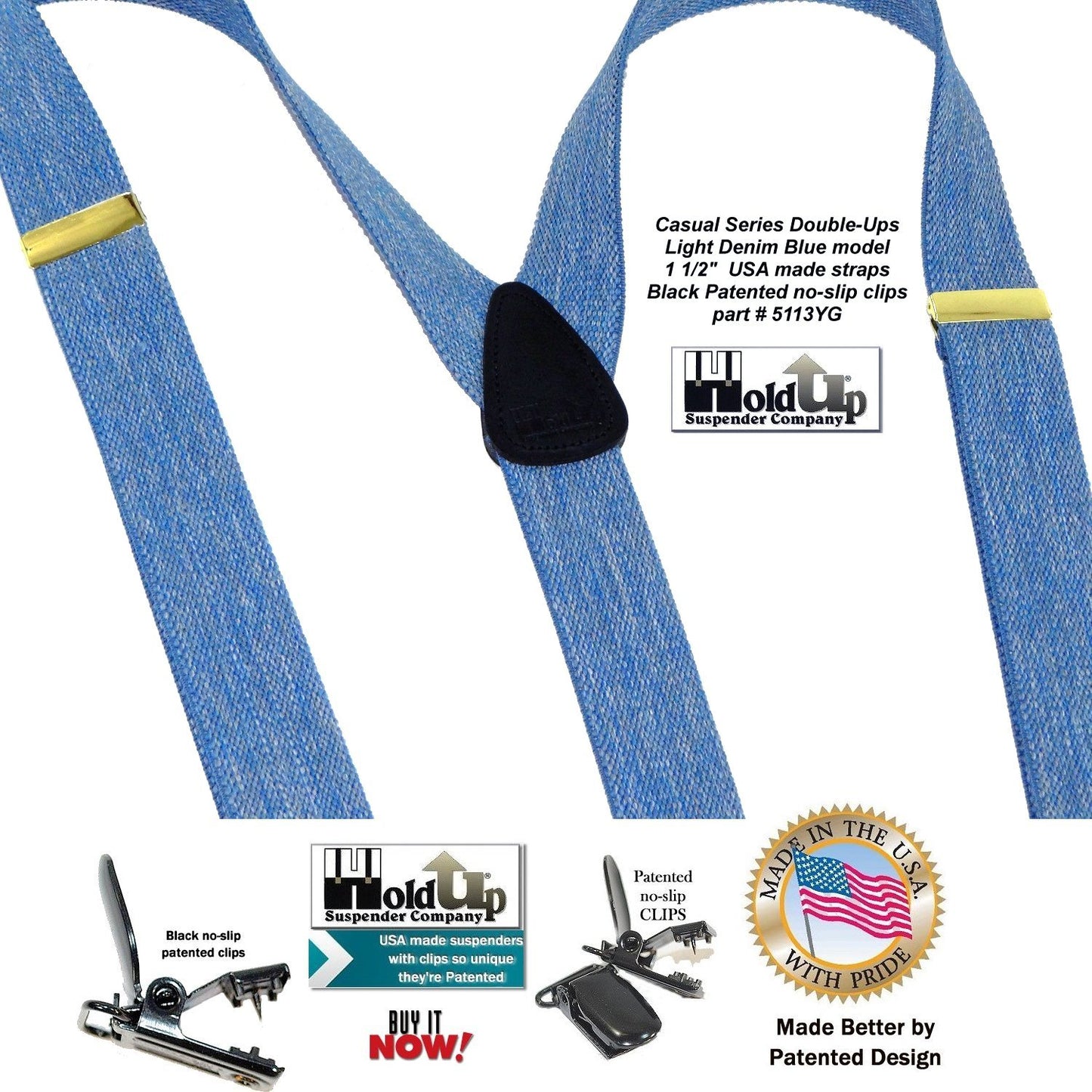 Holdup Brand USA made Double-Ups Style Men's Suspenders in a light Blue Denim Color and Y-Back crosspatch