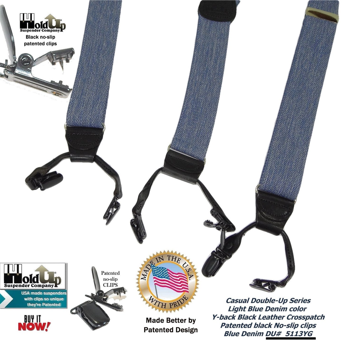 Holdup Brand USA made Double-Ups Style Men's Suspenders in a light Blue Denim Color and Y-Back crosspatch