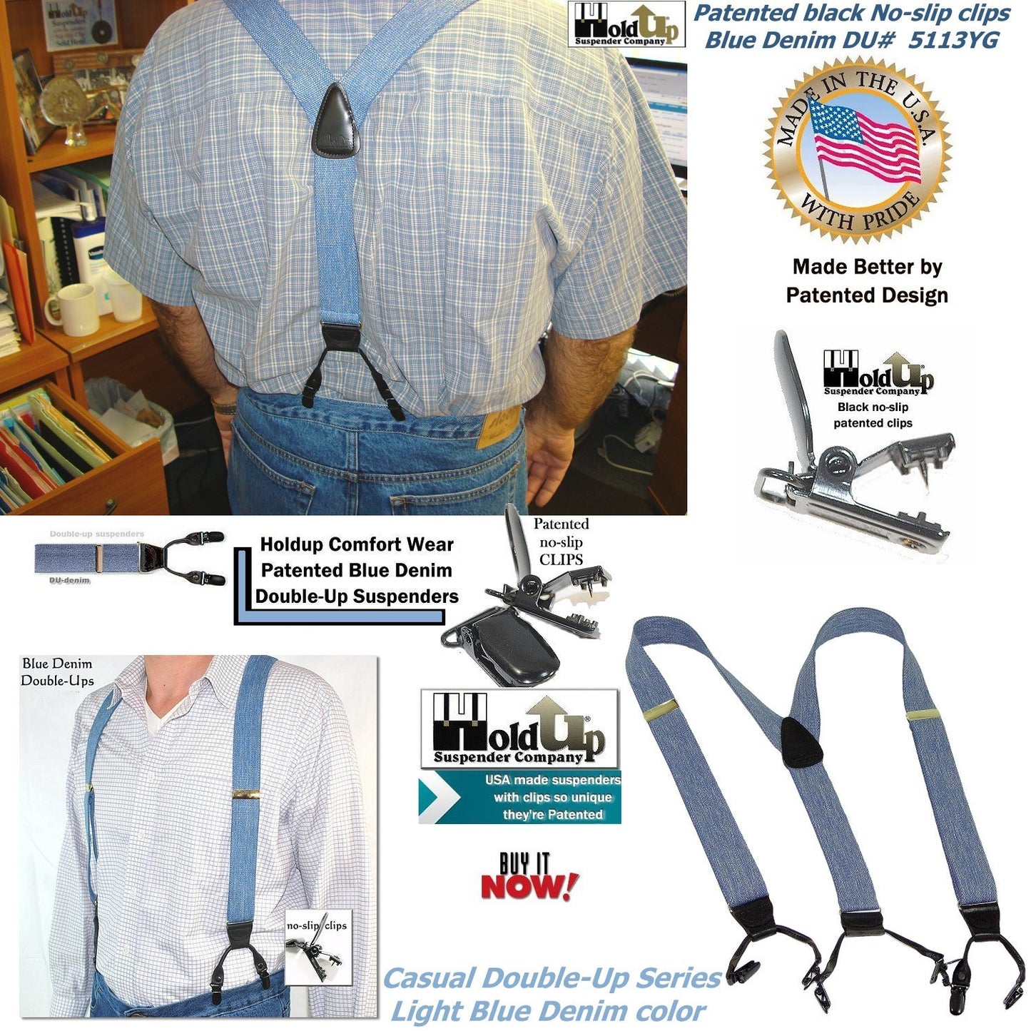 Holdup Brand USA made Double-Ups Style Men's Suspenders in a light Blue Denim Color and Y-Back crosspatch