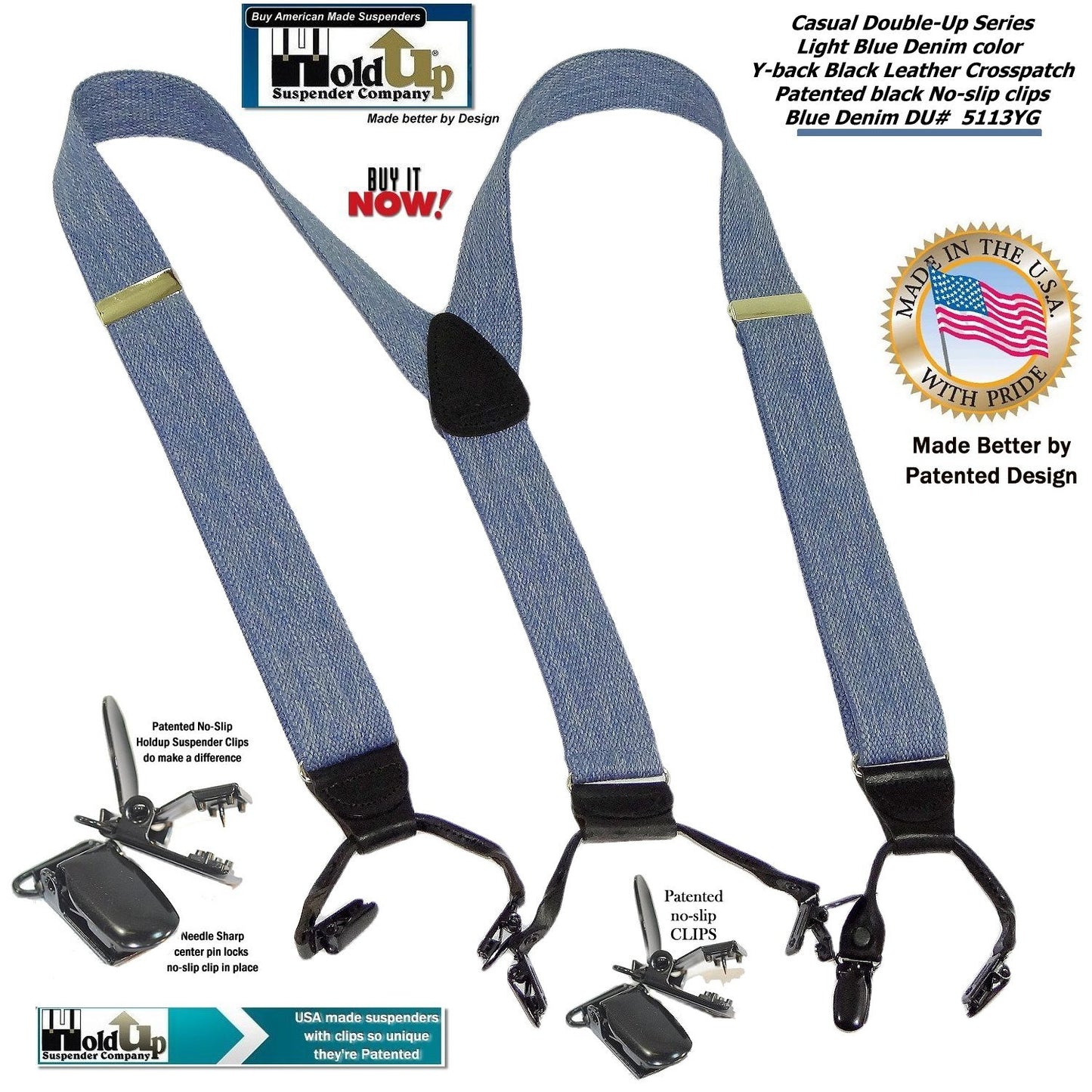 Holdup Brand USA made Double-Ups Style Men's Suspenders in a light Blue Denim Color and Y-Back crosspatch