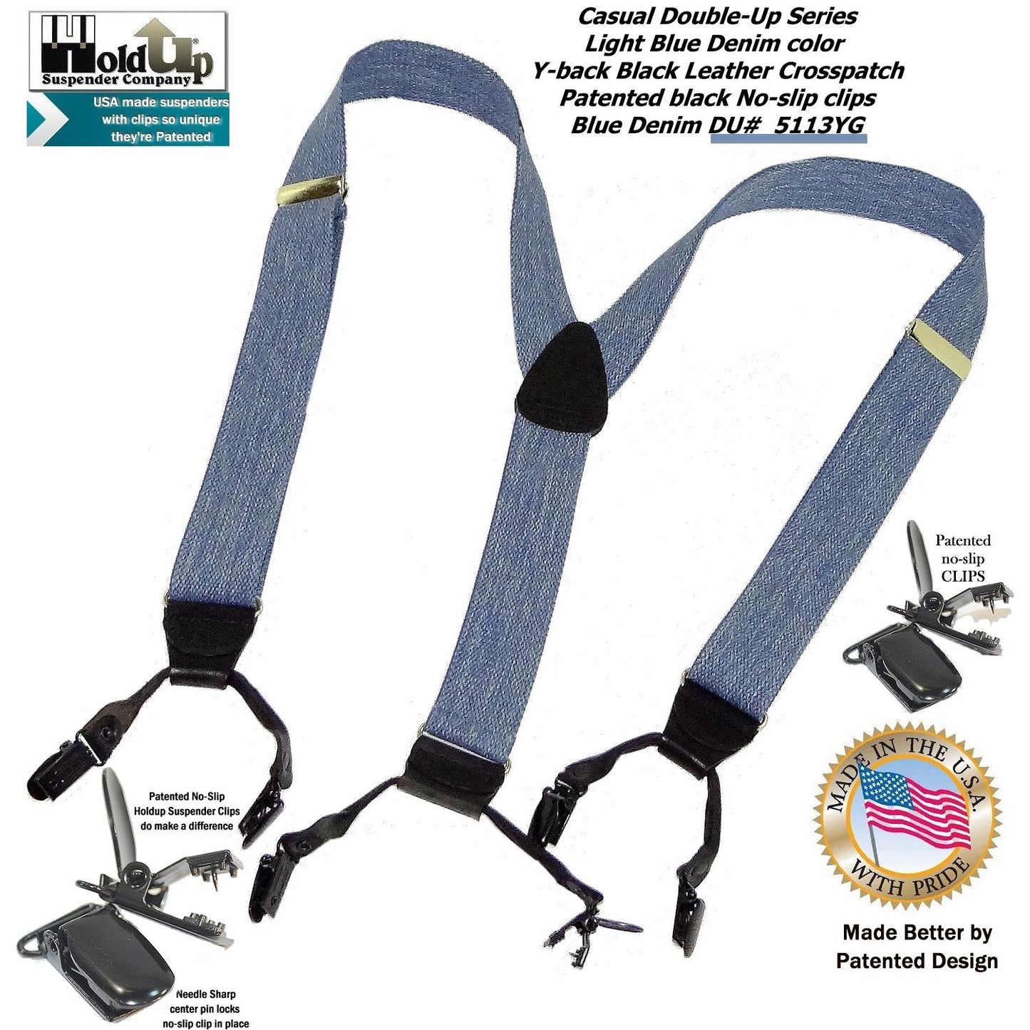 Holdup Brand USA made Double-Ups Style Men's Suspenders in a light Blue Denim Color and Y-Back crosspatch