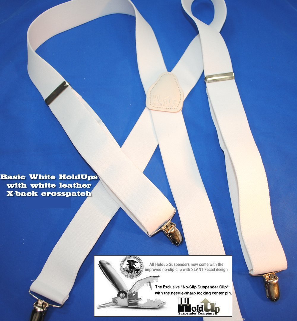 Holdup Suspender Company Classic Series All White X-back clip-on Suspenders with Patented Silver No-slip