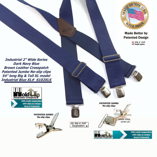 HoldUp Brand XL BLUE Industrial 2" Wide Non-elastic Suspenders with No-slip Jumbo Silver Clips