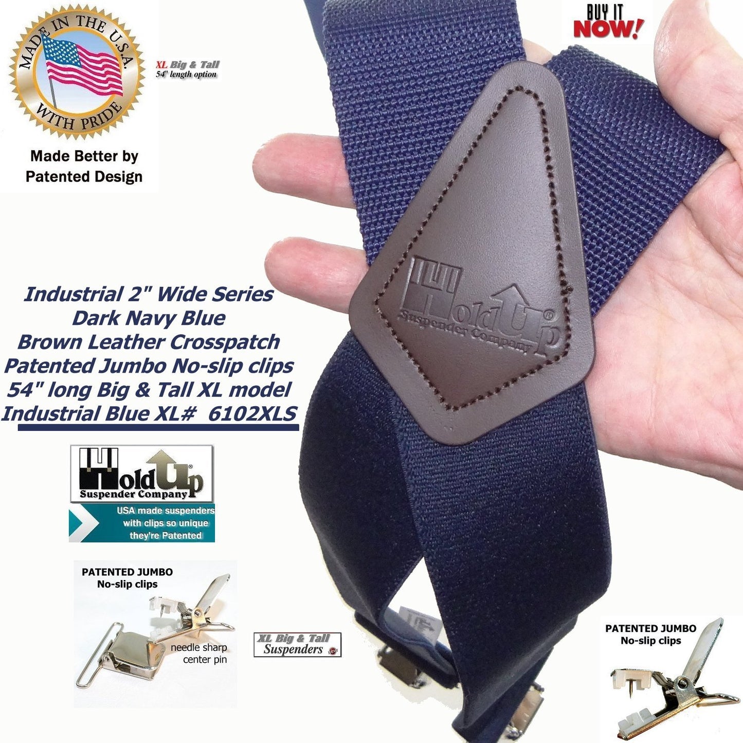 HoldUp Brand XL BLUE Industrial 2" Wide Non-elastic Suspenders with No-slip Jumbo Silver Clips