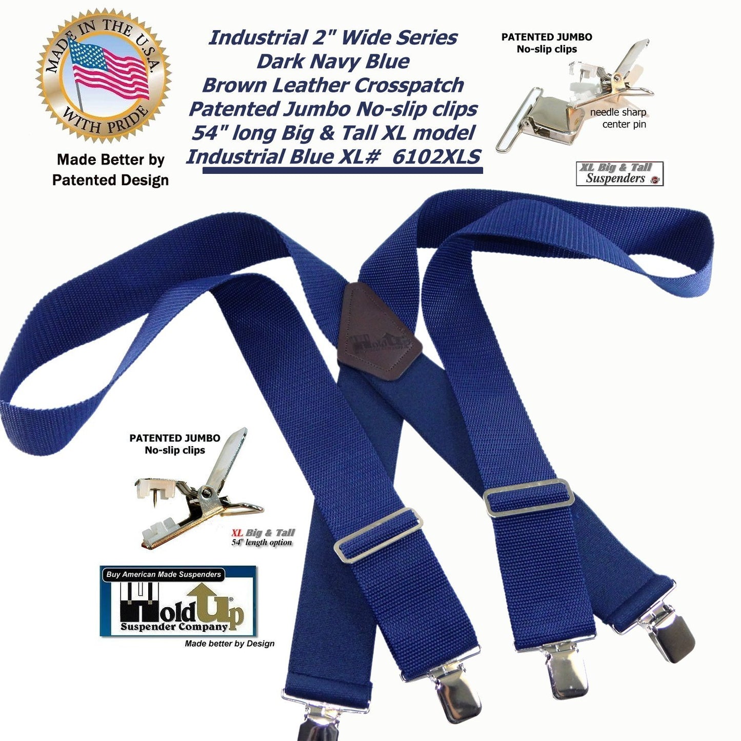 HoldUp Brand XL BLUE Industrial 2" Wide Non-elastic Suspenders with No-slip Jumbo Silver Clips