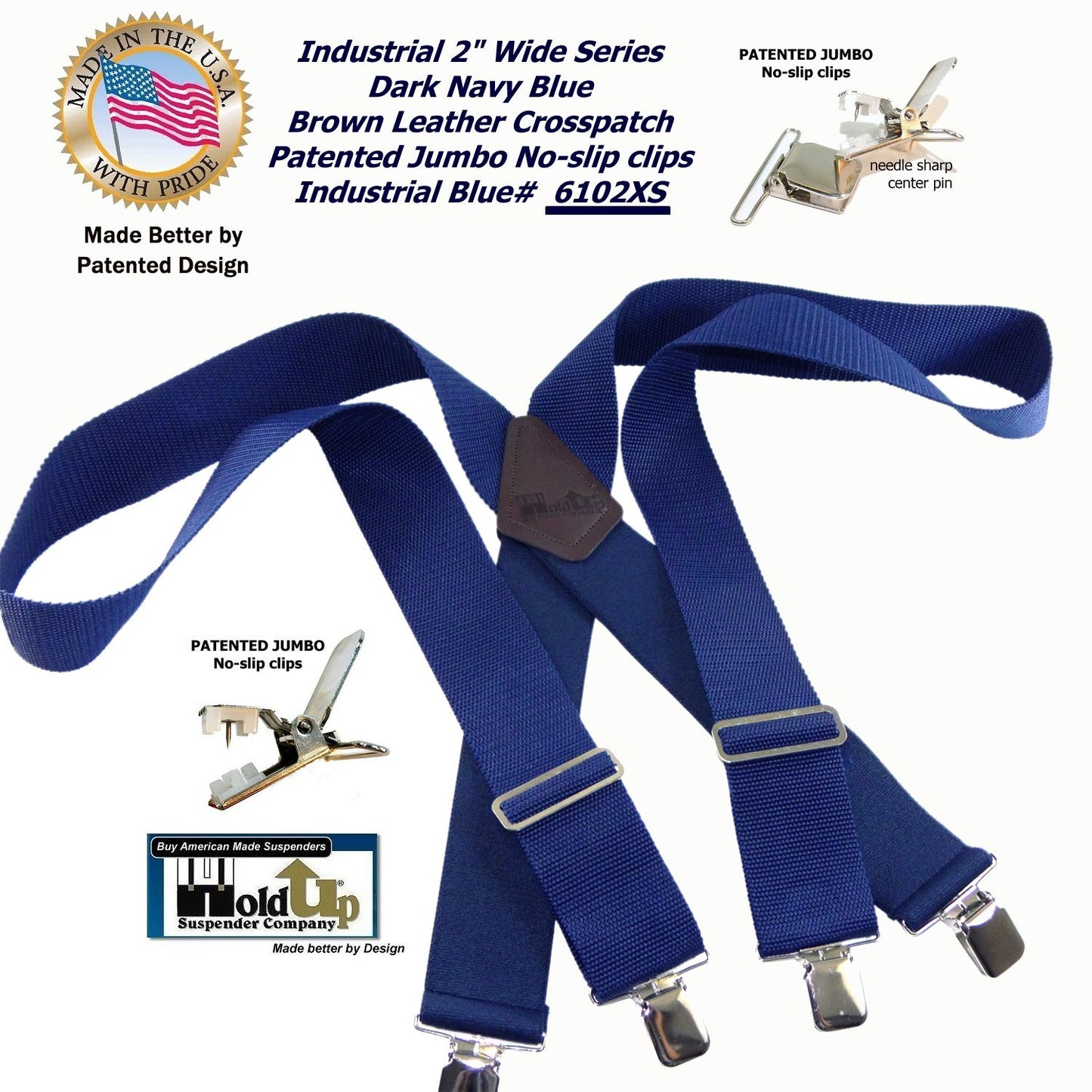 Holdup Suspender Company dark Blue Industrial heavy duty 2" Wide Non-elastic Suspenders with Patented No-slip Jumbo Silver Clips