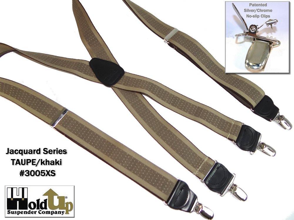 Holdup Brand Taupe Jacquard  weave1 1/2" wide Suspenders in X-back style and USA patented No-slip Nickel Clips