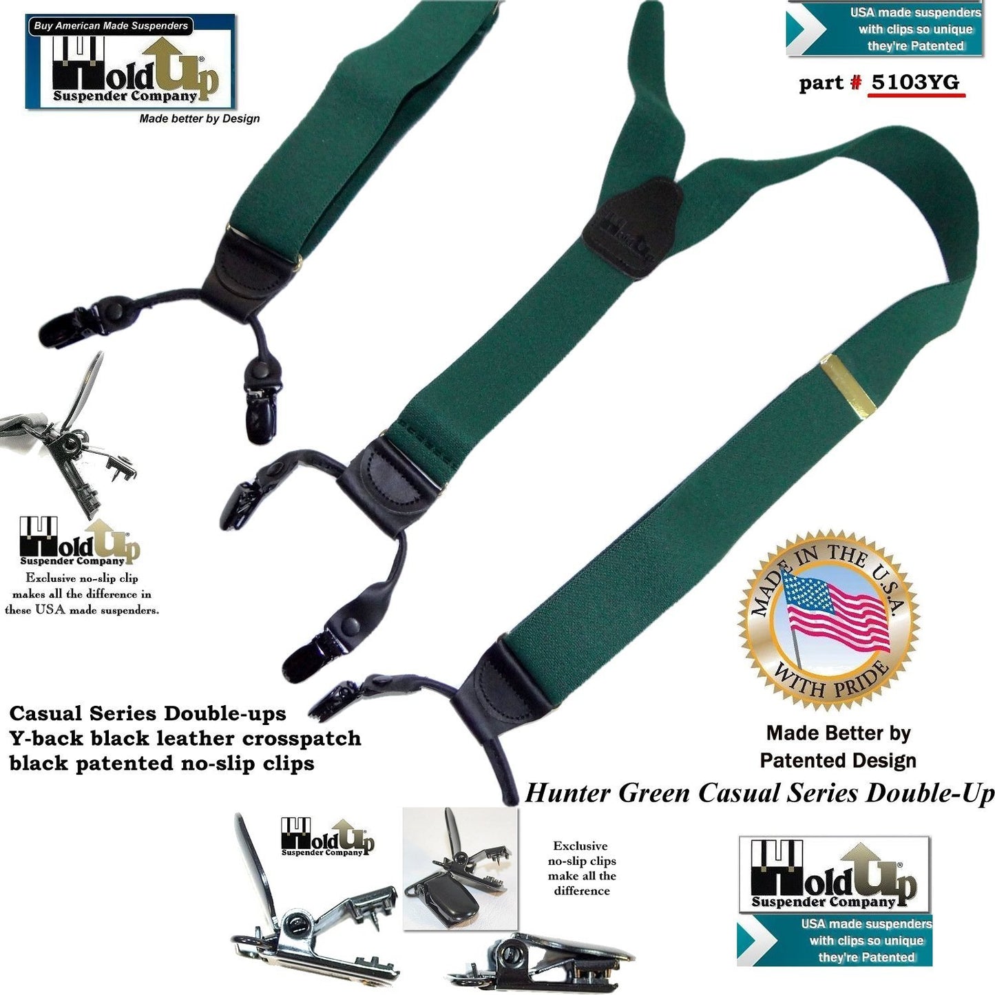 Holdup Brand Dark Hunter Green Dual Clip Double-Up Style Suspenders with Y-Back crosspatch and Patented no-slip clips