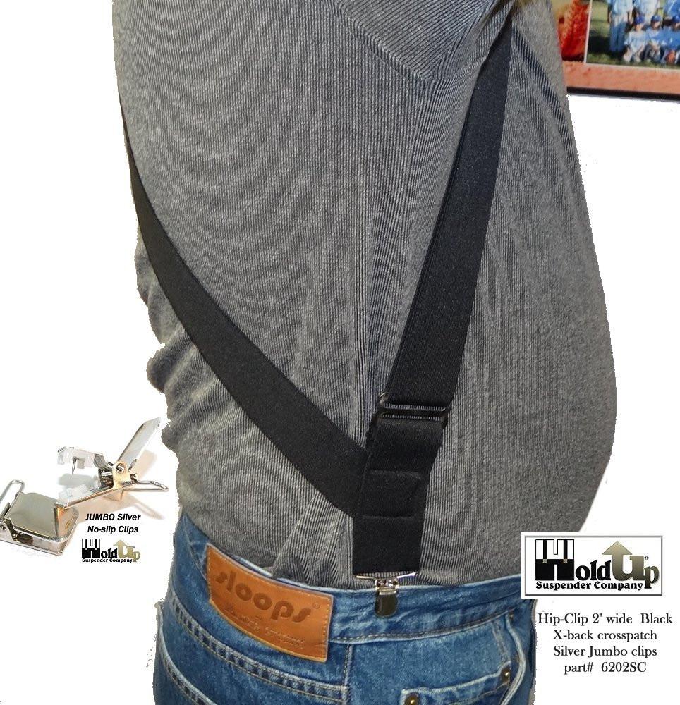 Black Heavy Duty Trucker Style 2" Wide Hip-Clip Suspenders with USA Patented silver tone no-slip jumbo clips