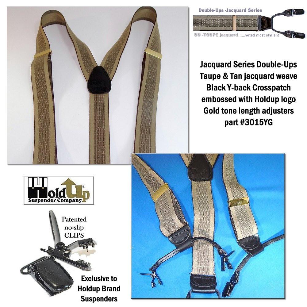 Hold-Up Brand Tan and Taupe Jacquard Double-ups Y-back Suspenders with USA Patented Black No-slip Clips