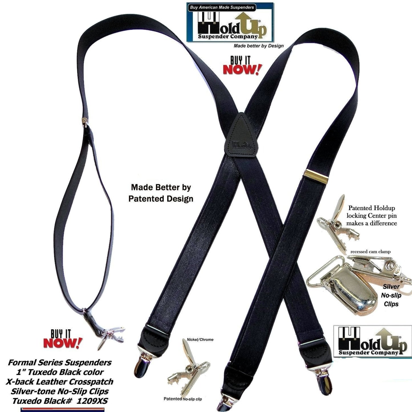 Hold-Ups Tuxedo Black Formal Satin finish  Suspenders X-back, USA Patented No-slip Silver Clips in 1" Width