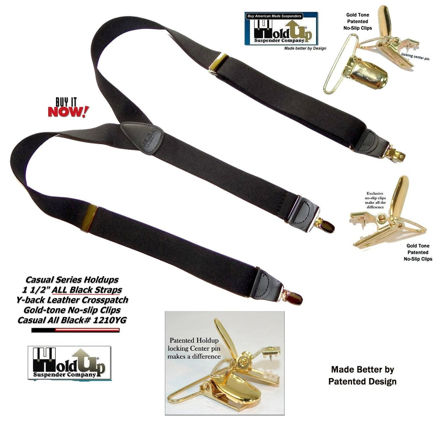 Hold-Ups Y-back All Black Casual Series Suspenders USA Patented No-Slip Gold Clips