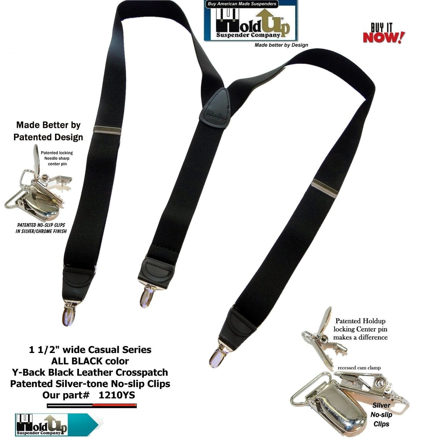 HoldUp Brand All Black Casual Series Y-back Suspenders with patented silver No-Slip clips