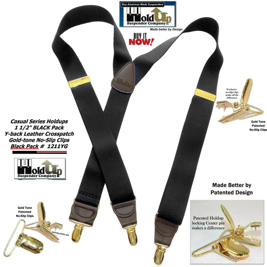 Holdup Brand Black Pack color Casual Series Y-back Suspenders with USA patented no-slip  Clips