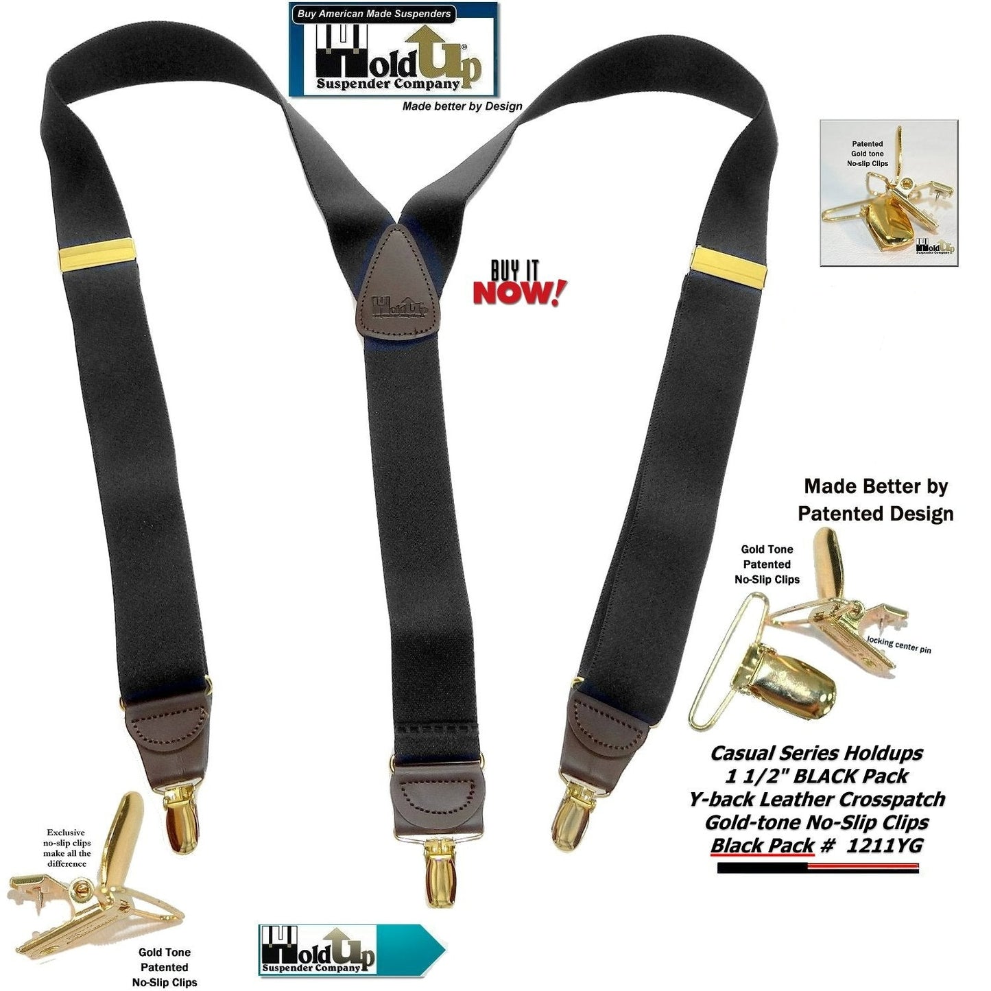 Holdup Brand Black Pack color Casual Series Y-back Suspenders with USA patented no-slip  Clips