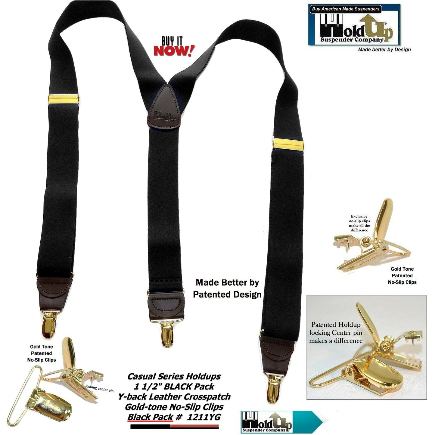 Holdup Brand Black Pack color Casual Series Y-back Suspenders with USA patented no-slip  Clips