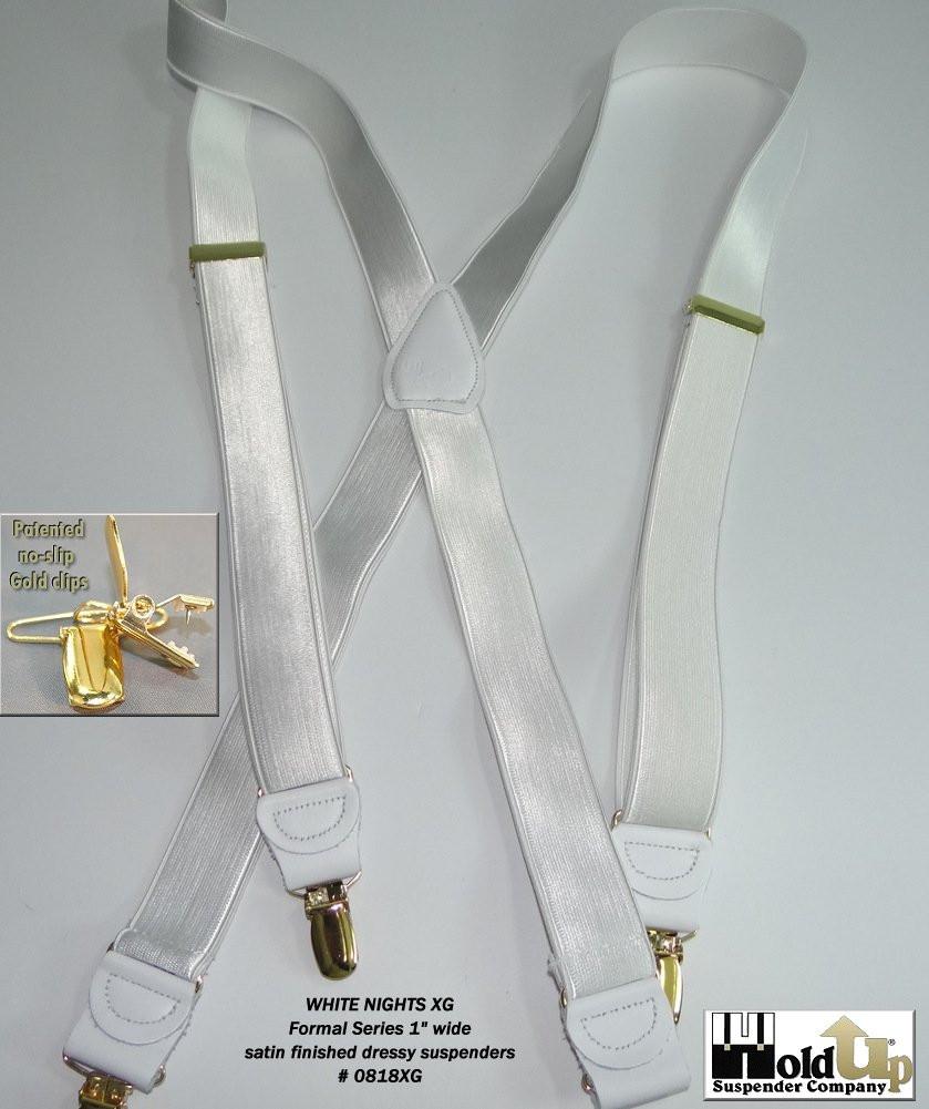 Hold-Ups 1" wide Satin finish White Formal Suspenders X-back USA Patented No-slip gold clips