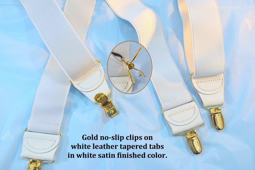 Hold-Ups 1" wide Satin finish White Formal Suspenders X-back USA Patented No-slip gold clips