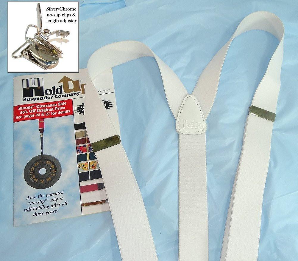 Hold-Ups All White 1 1/2" wide Casual Series Suspenders Y-back USA patented silver No slip clips