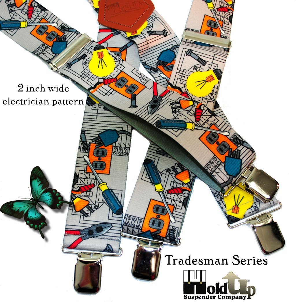 Holdup Brand 2" Wide Tradesman Work Suspenders in Electrician Pattern X-back with Patented No-slip Clips