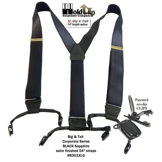 Holdup XL Corporate Series Black Sapphire Dual Clip Double-Ups style Suspenders with patented No-slip black Clips