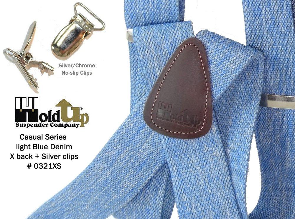 Holdup Brand Light Blue Denim color Suspenders with 1 1/2" wide straps in X-back styles with USA Patented No-slip Silver Clips