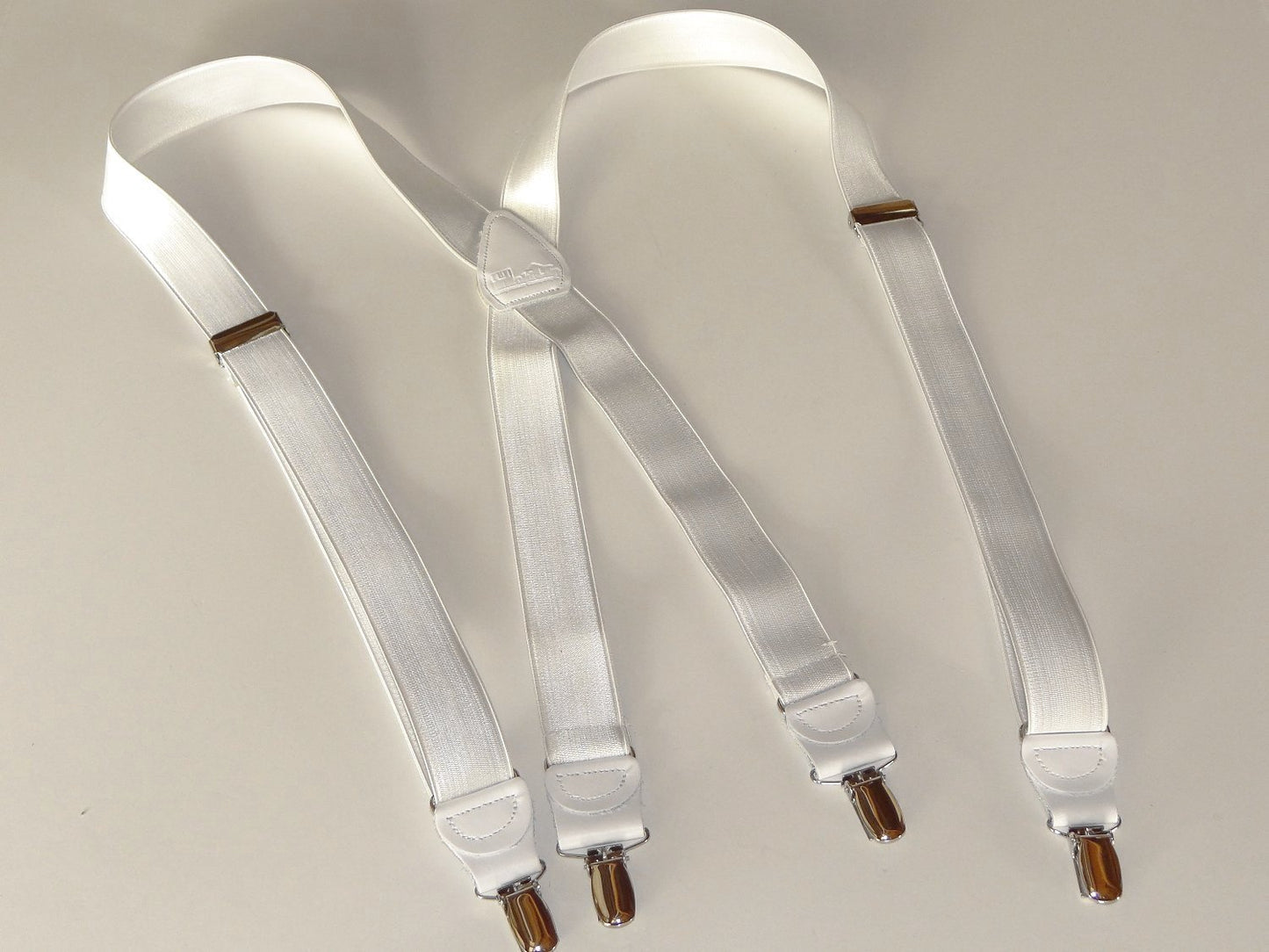 Hold-Ups 1" wide Satin finish White Formal Suspenders X-back USA Patented No-slip gold clips