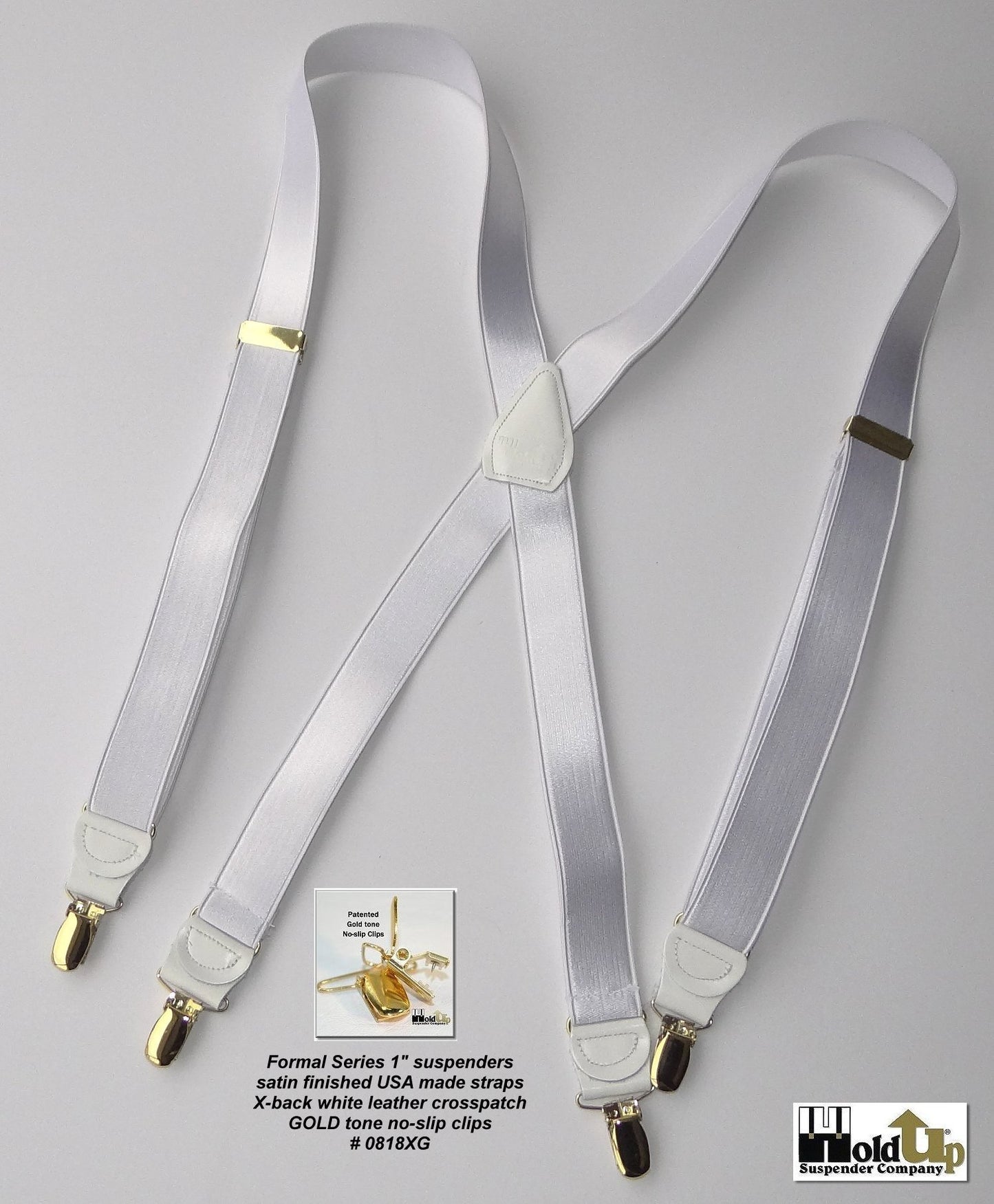 Hold-Ups 1" wide Satin finish White Formal Suspenders X-back USA Patented No-slip gold clips