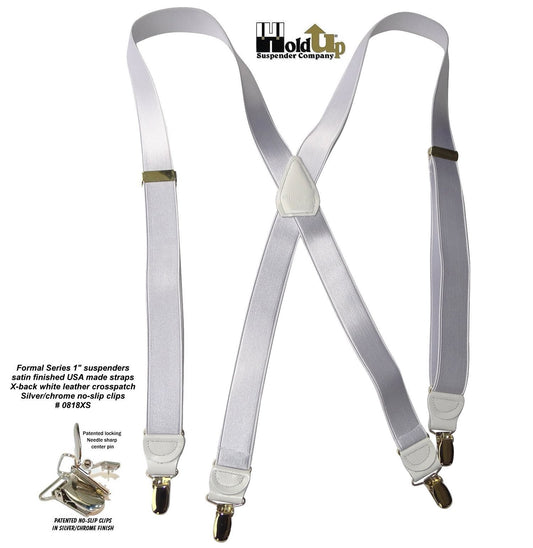 Hold-Ups X-back 1" wide Formal Satin Finish White Suspenders with USA Patented No-slip Silver Clips