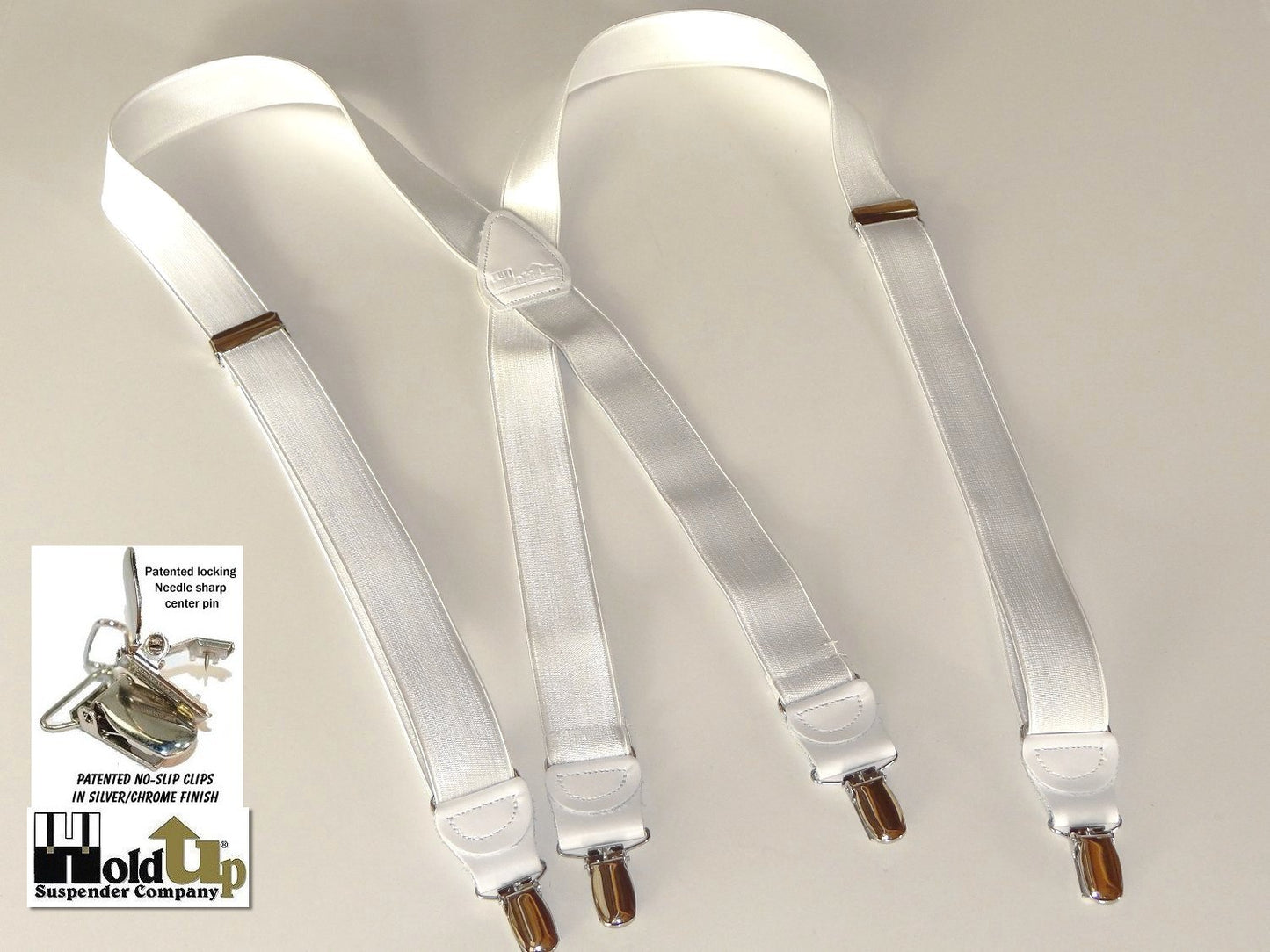 Hold-Ups X-back 1" wide Formal Satin Finish White Suspenders with USA Patented No-slip Silver Clips