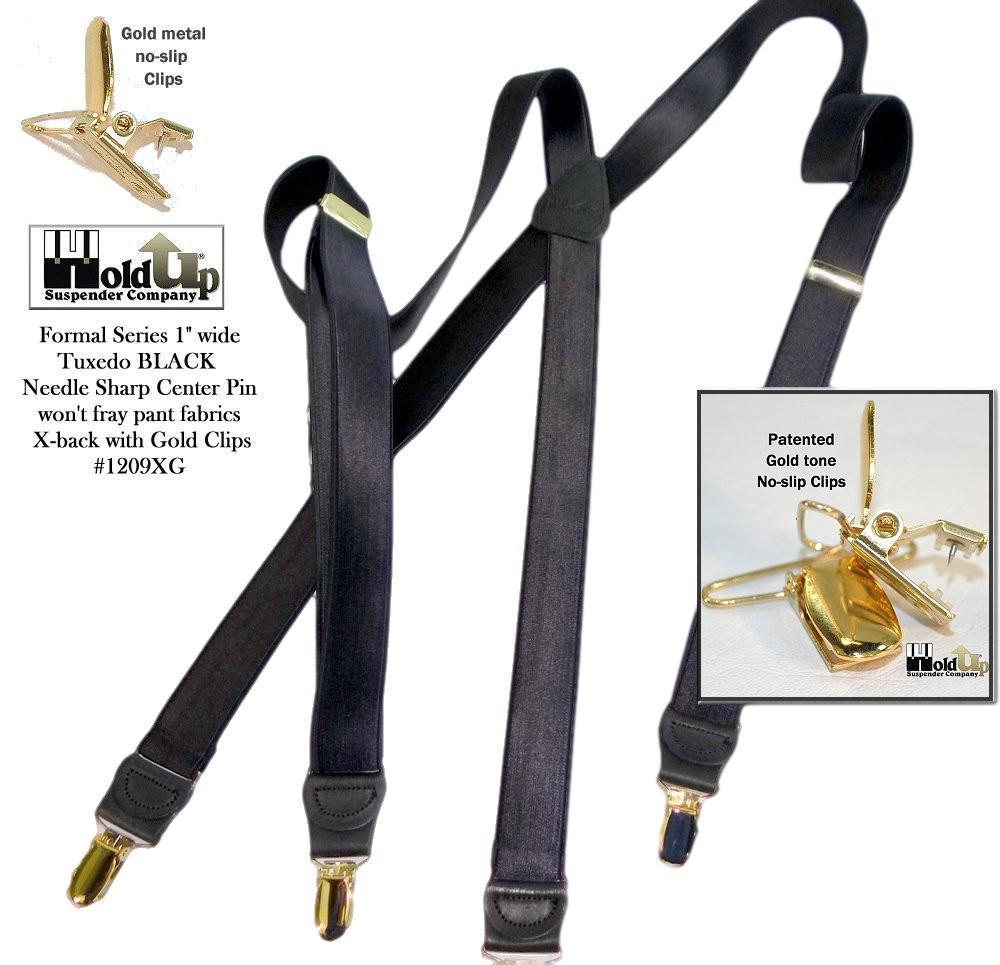 Holdup Brand Tuxedo Black 1" wide Satin Finish X-back Style Suspenders with USA Patented No-slip Gold clips