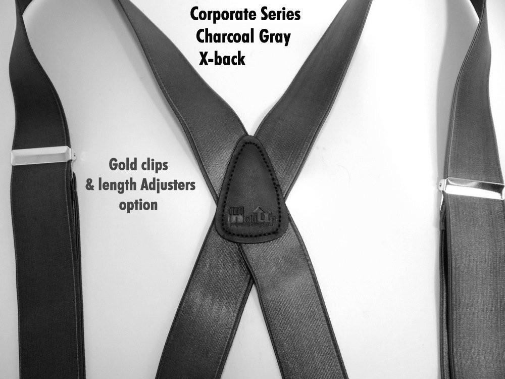 Hold-Ups Charcoal Grey 1-1/2" Wide Suspenders X-back with Silver-tone no-slip Clips