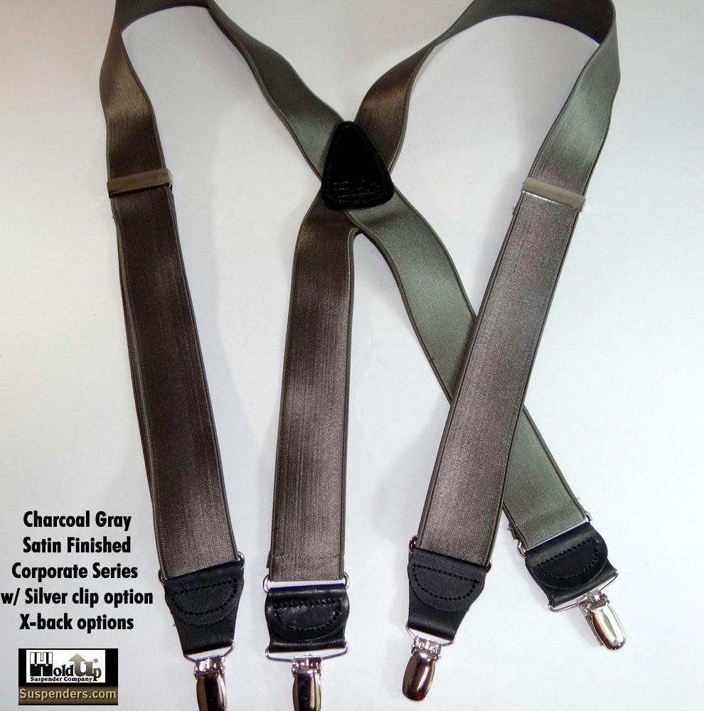 Hold-Ups Charcoal Grey 1-1/2" Wide Suspenders X-back with Silver-tone no-slip Clips