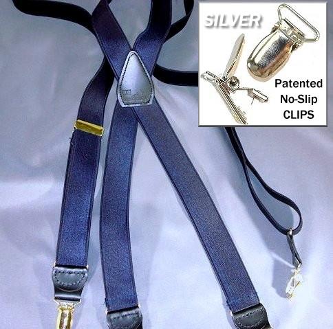 Hold-Ups Satin Blue 1 " Wide Formal Suspenders in X-back Style with Silver no-slip Clips