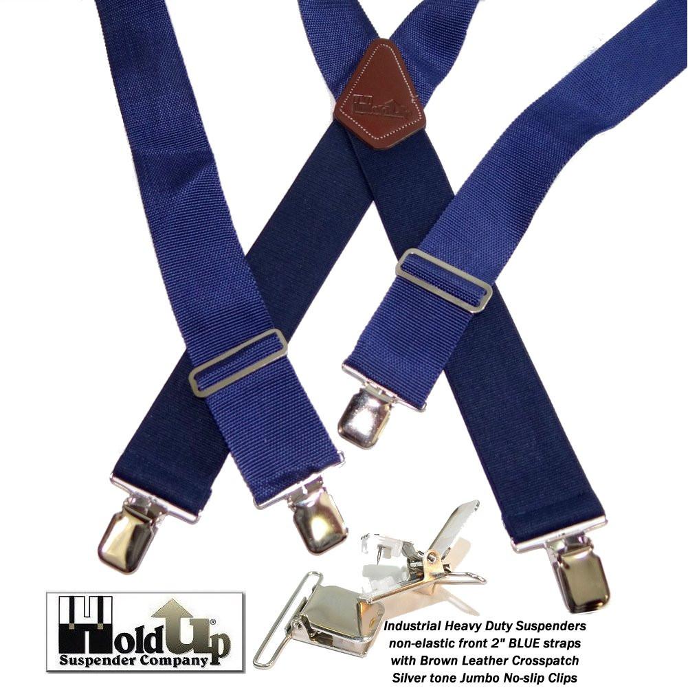 HoldUp Brand XL BLUE Industrial 2" Wide Non-elastic Suspenders with No-slip Jumbo Silver Clips