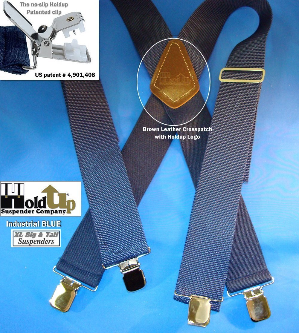 HoldUp Brand XL BLUE Industrial 2" Wide Non-elastic Suspenders with No-slip Jumbo Silver Clips