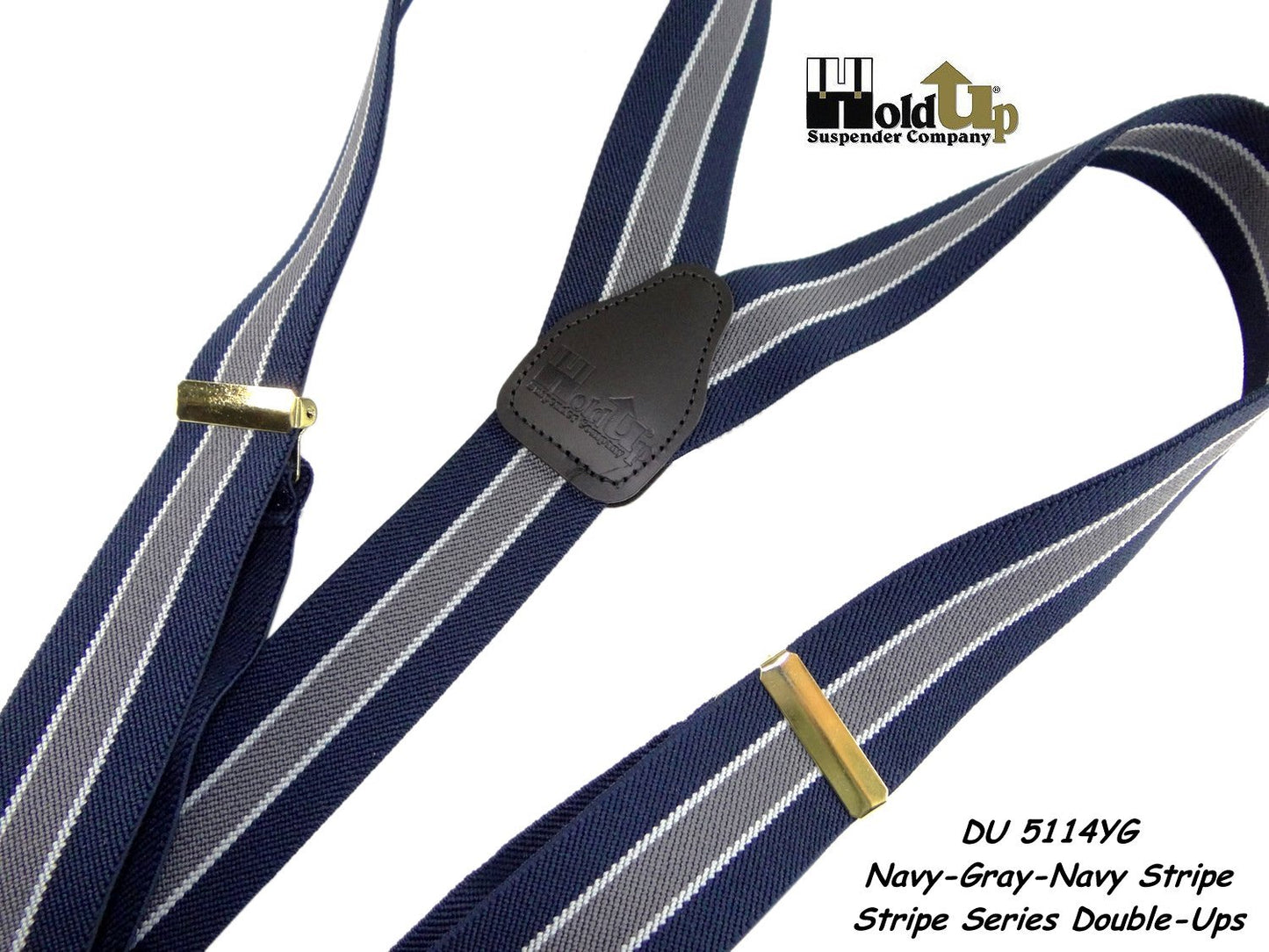 Hold-Ups Navy Blue with Gray and White Stripe Double-up Suspenders with Black No-slip Clips